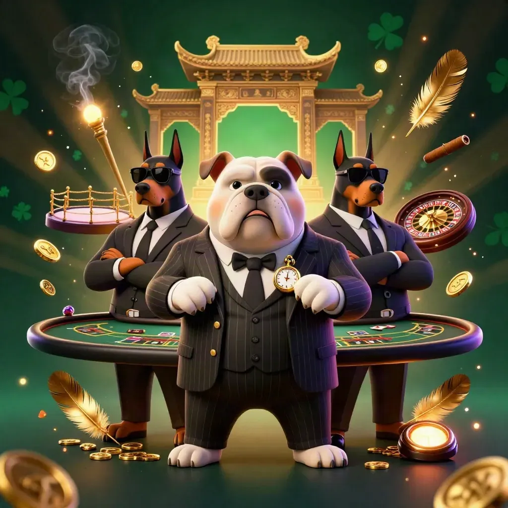 Bulldog mafia dan dua doberman di kasino hijau-emas mewah, penuh cahaya dan efek kilau