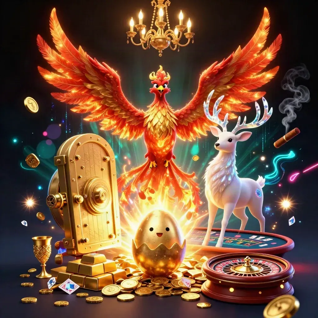Phoenix emas, rusa kristal, dan harta kasino mewah di ruang gelap bercahaya.