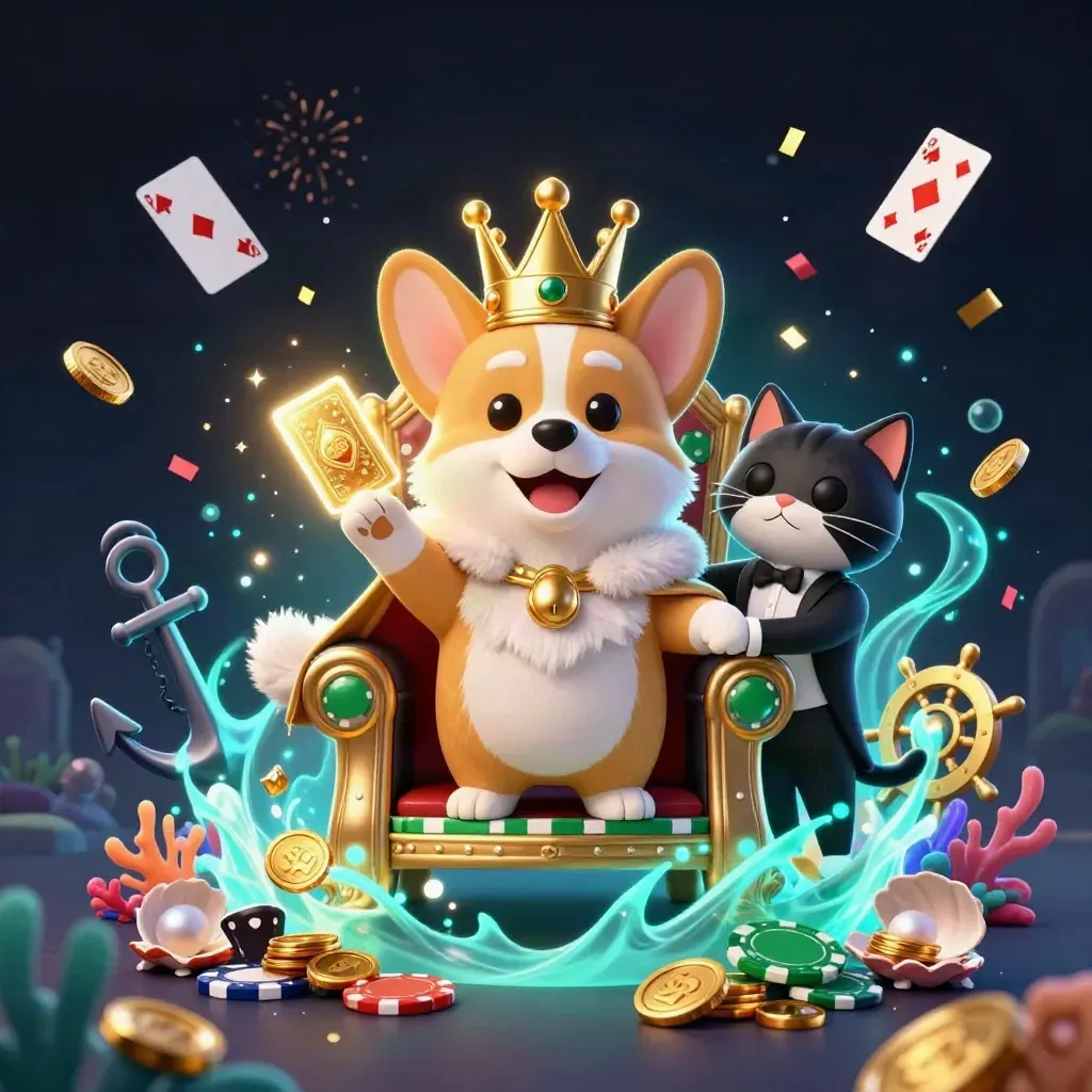 Corgi mahkota emas dan pelayan kucing di latar harta karun laut, kilau cyan dan emas.