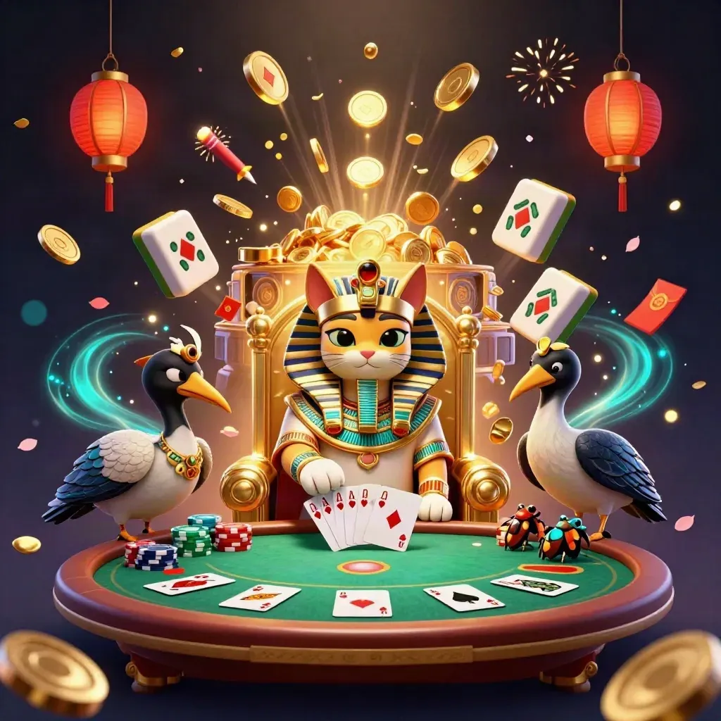 Kucing firaun 3D di takhta emas, kartu poker, koin, petasan, dan kilau emas meledak.