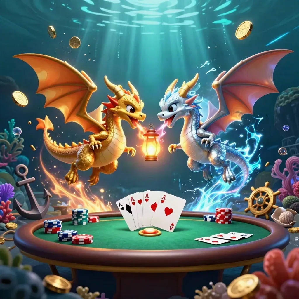 Dua naga emas-perak terbang di harta karun bawah laut dengan kartu poker dan kilau neon.