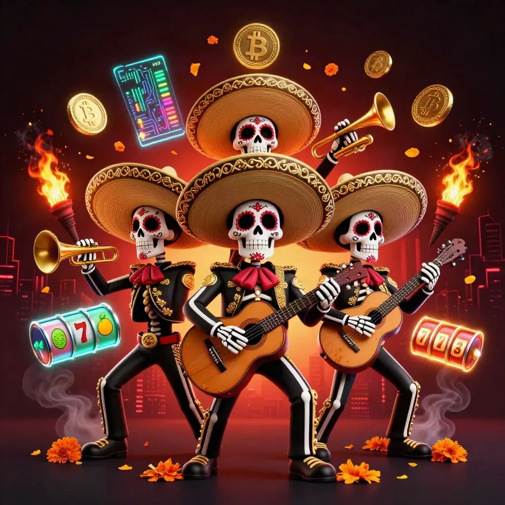 Tiga kerangka mariachi di tengah efek koin kripto, petir neon, dan latar kasino gelap.