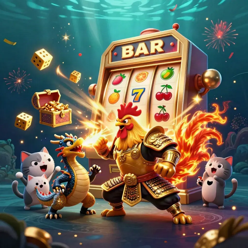 Ayam samurai emas, naga kecil, dan kucing keberuntungan di mesin slot neon mewah.